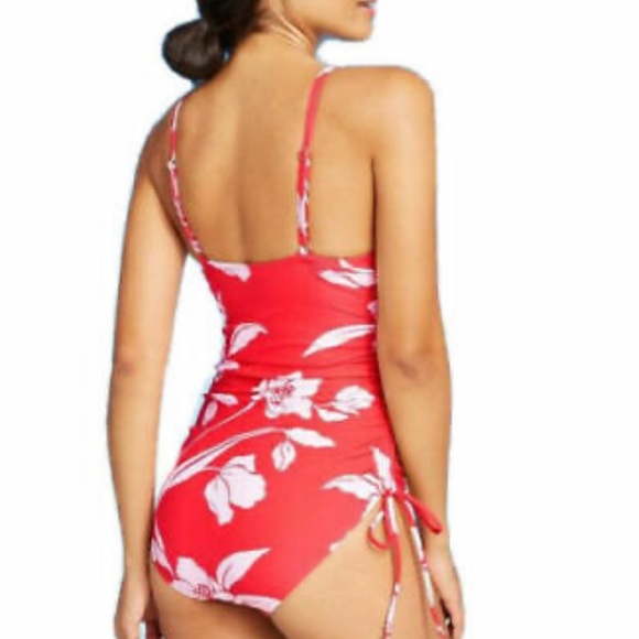 Kona Sol Red Floral Cinch Side Tie One Piece Swimsuit - Picture 7 of 12